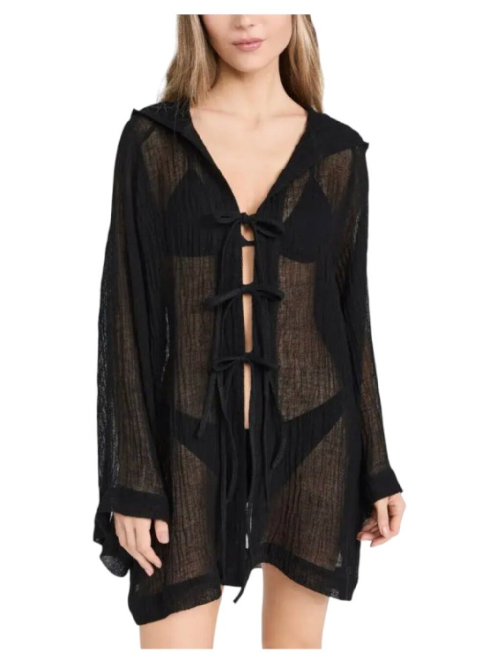 Lisa Marie Fernandez Hooded Beach Swim Cover Up Womens 4 Large Black Robe Dress